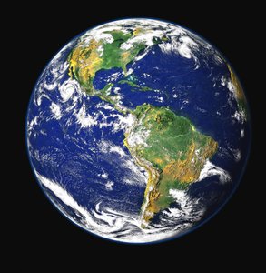 Vista satellitare di Nord, Centro e Sud America, tra gli oceani Pacifico e Atlantico